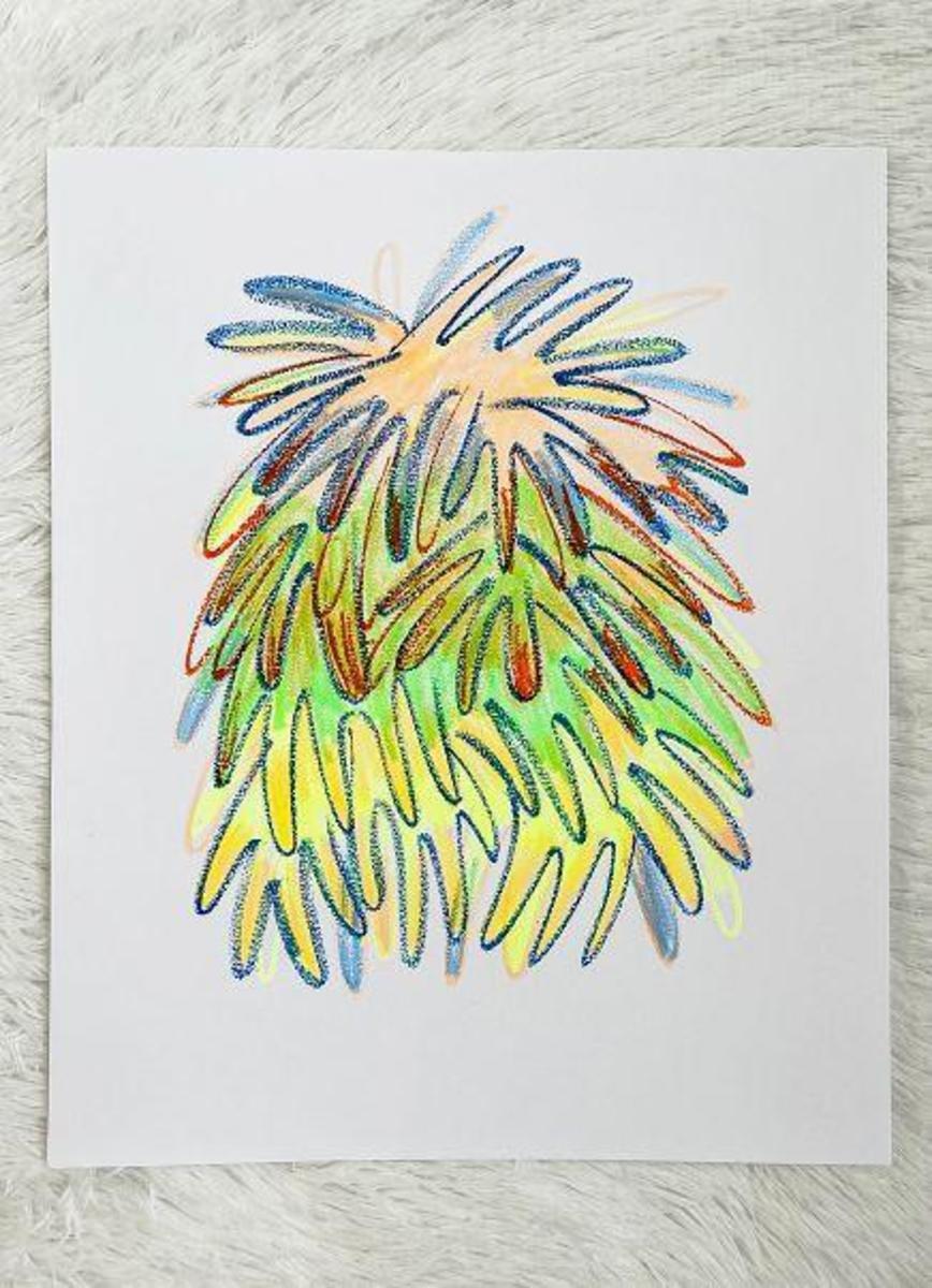 Yellow, Green, Peach, and Blue with Dark Blue and Dark Orange Lines